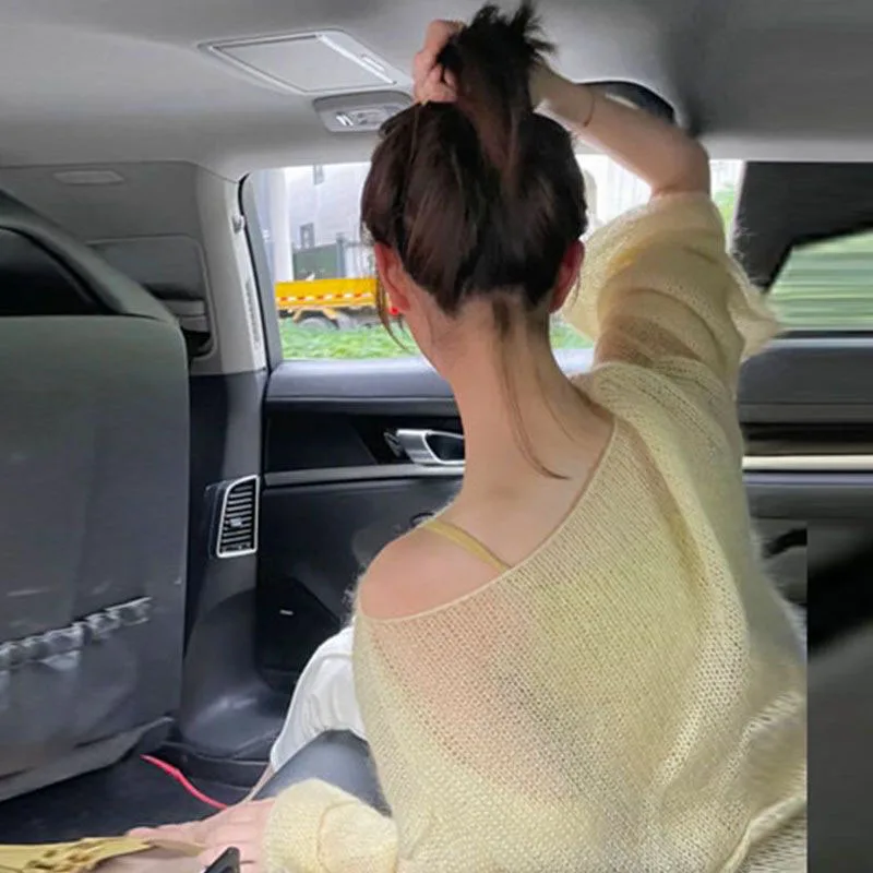 Lazy Style Full Sleeves Pullovers Women Korean Fashion Loose Soft Thin Knitted Sweaters Hollow Out See Through Jumpers Tops