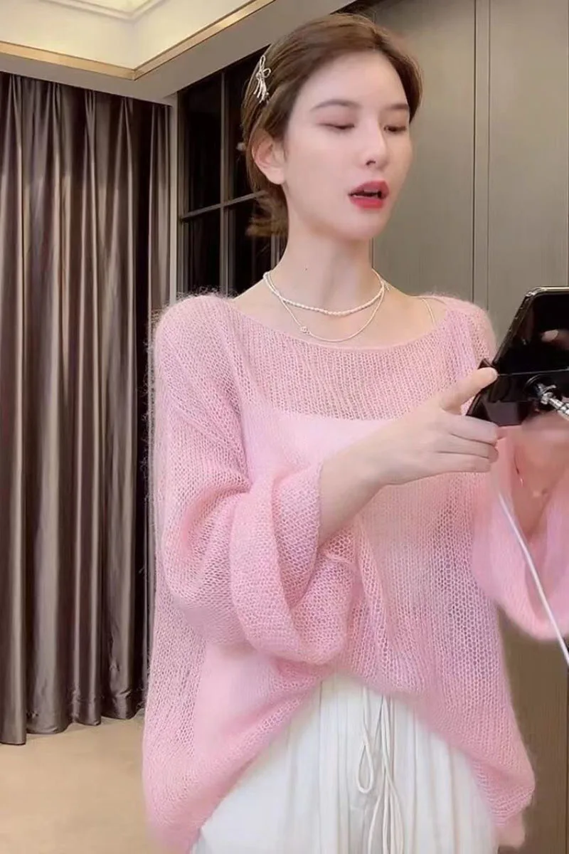 Lazy Style Full Sleeves Pullovers Women Korean Fashion Loose Soft Thin Knitted Sweaters Hollow Out See Through Jumpers Tops