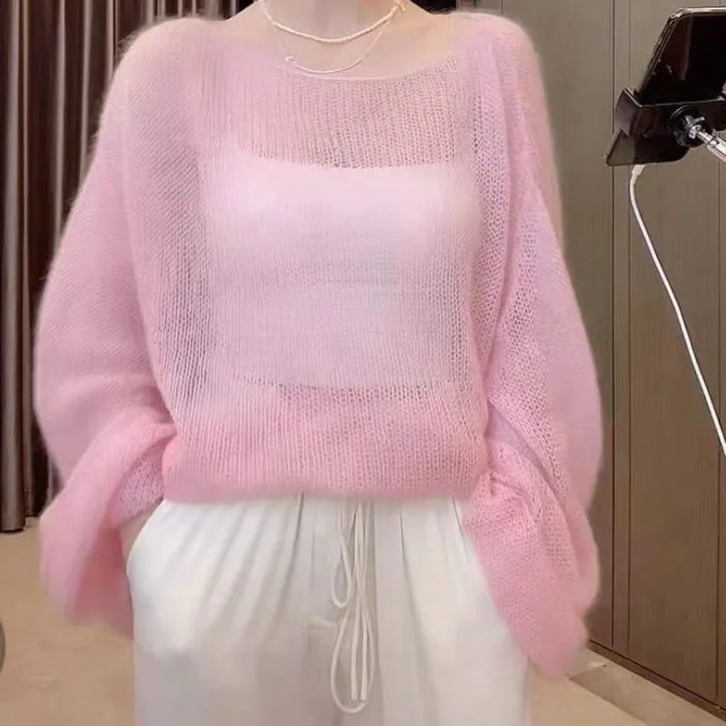 Lazy Style Full Sleeves Pullovers Women Korean Fashion Loose Soft Thin Knitted Sweaters Hollow Out See Through Jumpers Tops