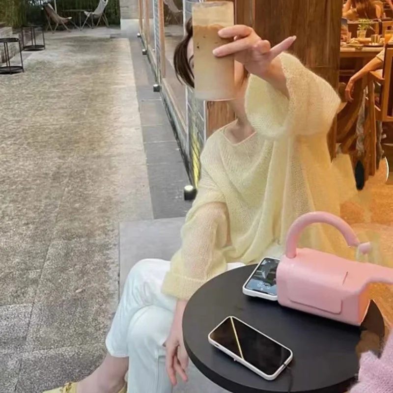 Lazy Style Full Sleeves Pullovers Women Korean Fashion Loose Soft Thin Knitted Sweaters Hollow Out See Through Jumpers Tops