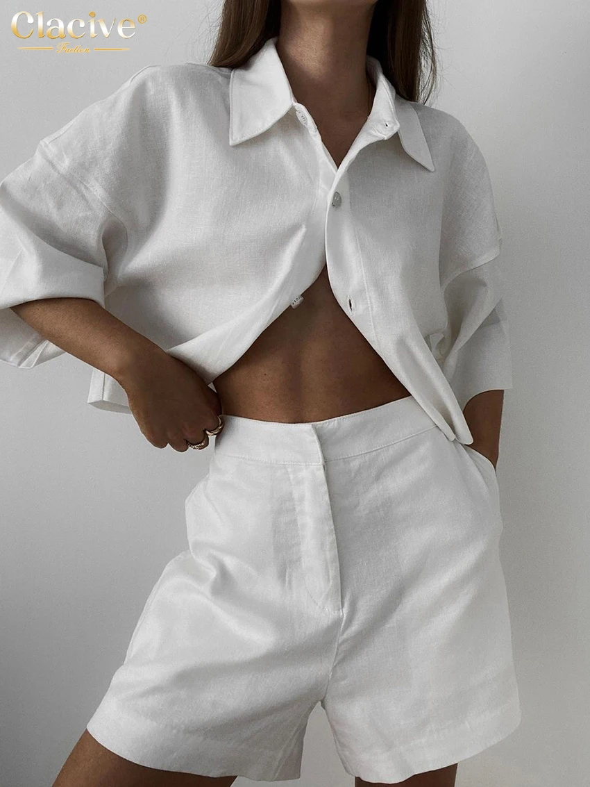 Clacive Summer Slim White Linen Two Piece Set Women Outfit 2023 Fashion Short Sleeve Shirts With High Waist Shorts Set Female