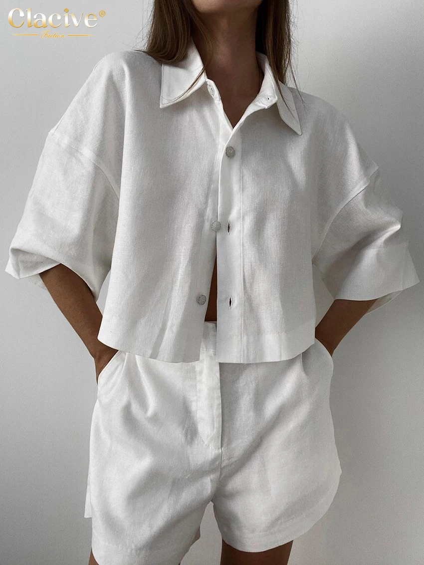Clacive Summer Slim White Linen Two Piece Set Women Outfit 2023 Fashion Short Sleeve Shirts With High Waist Shorts Set Female