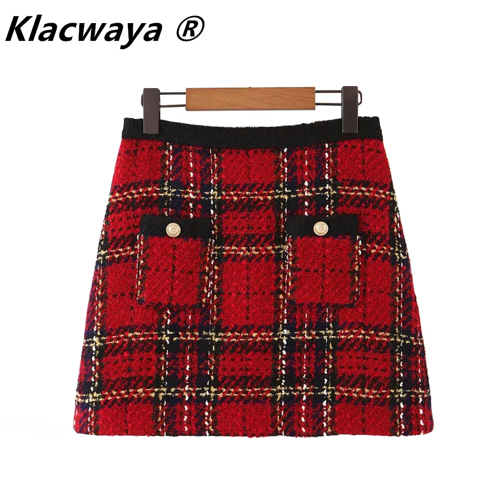 Red Vintage Women Tweed 2020 Winter Fashion Ladies Plaid Female Patchwork Girls High Waist Mini Skirts Chic