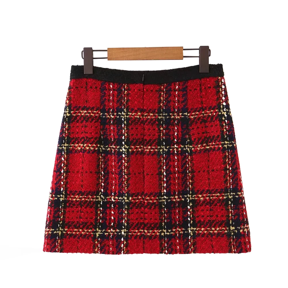 Red Vintage Women Tweed 2020 Winter Fashion Ladies Plaid Female Patchwork Girls High Waist Mini Skirts Chic