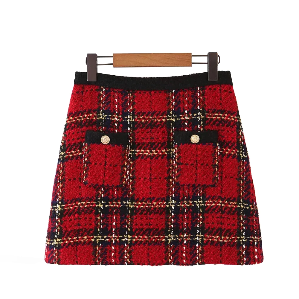 Red Vintage Women Tweed 2020 Winter Fashion Ladies Plaid Female Patchwork Girls High Waist Mini Skirts Chic