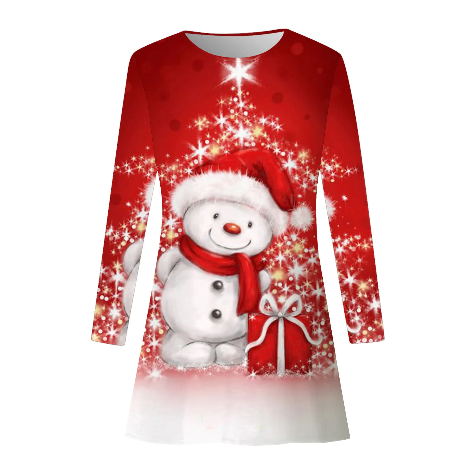 Red Christmas Party Dresses For Women 2023 Winter X-Mas Snowman Print A-Line Dress Casual Cute Long Sleeve Loose Oversize Dress