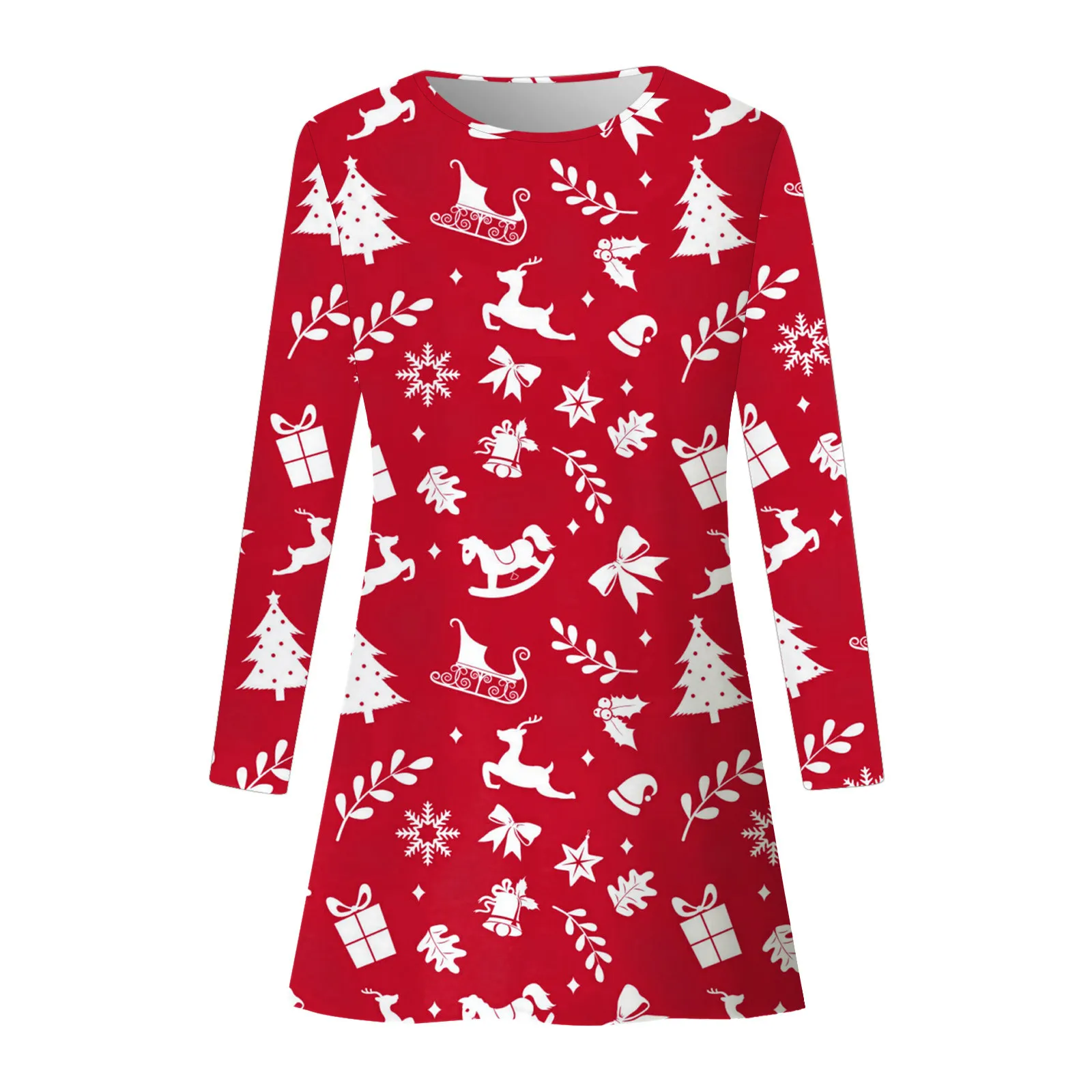 Red Christmas Party Dresses For Women 2023 Winter X-Mas Snowman Print A-Line Dress Casual Cute Long Sleeve Loose Oversize Dress
