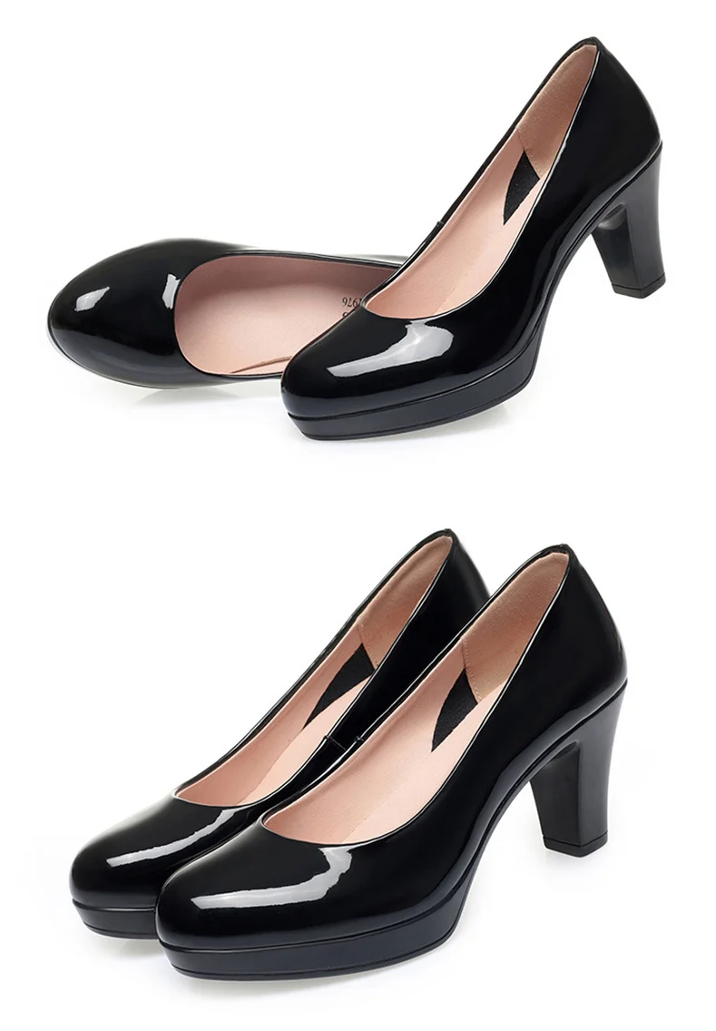 Professional Shallow Mouth Single Shoes For Women Round Toe Thick Sole Non-slip Black Thick High Heel Work Shoes