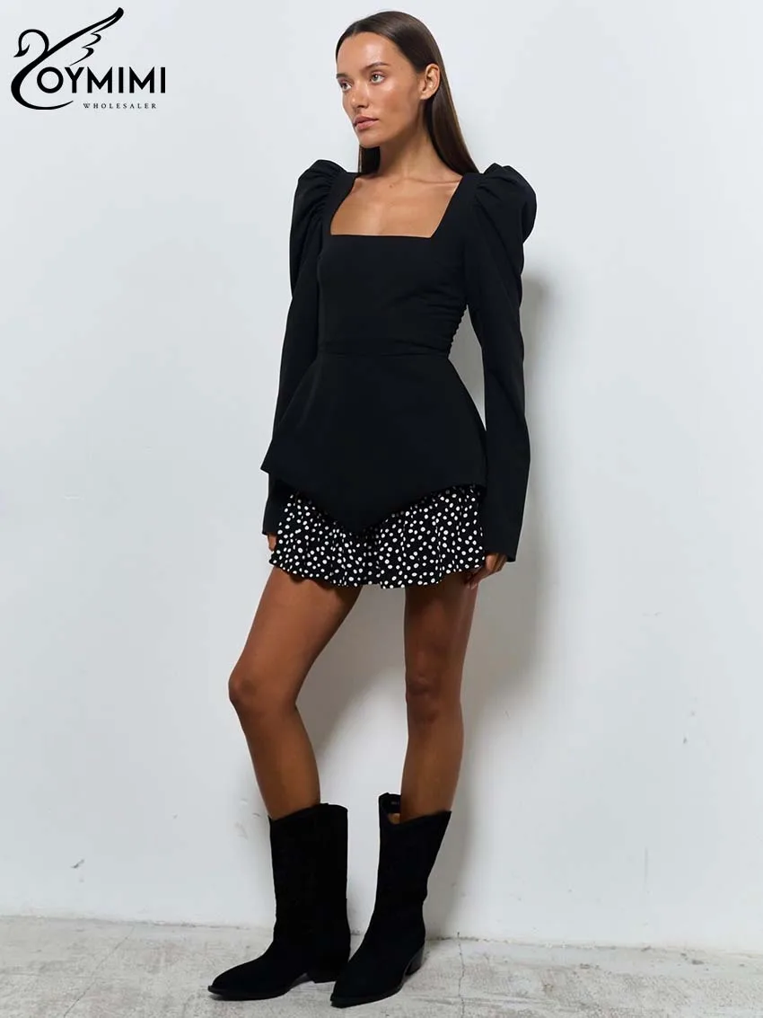 Oymimi Fashion Black Patchwork Dresses For Women Casual Long Sleeve Square Neck Dresses Elegant Ruffled Mini Dress Streetwear