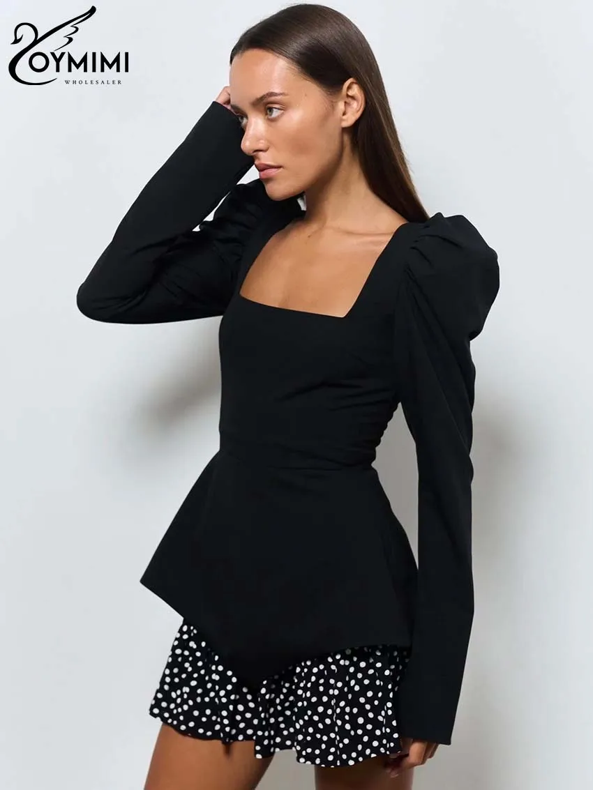 Oymimi Fashion Black Patchwork Dresses For Women Casual Long Sleeve Square Neck Dresses Elegant Ruffled Mini Dress Streetwear