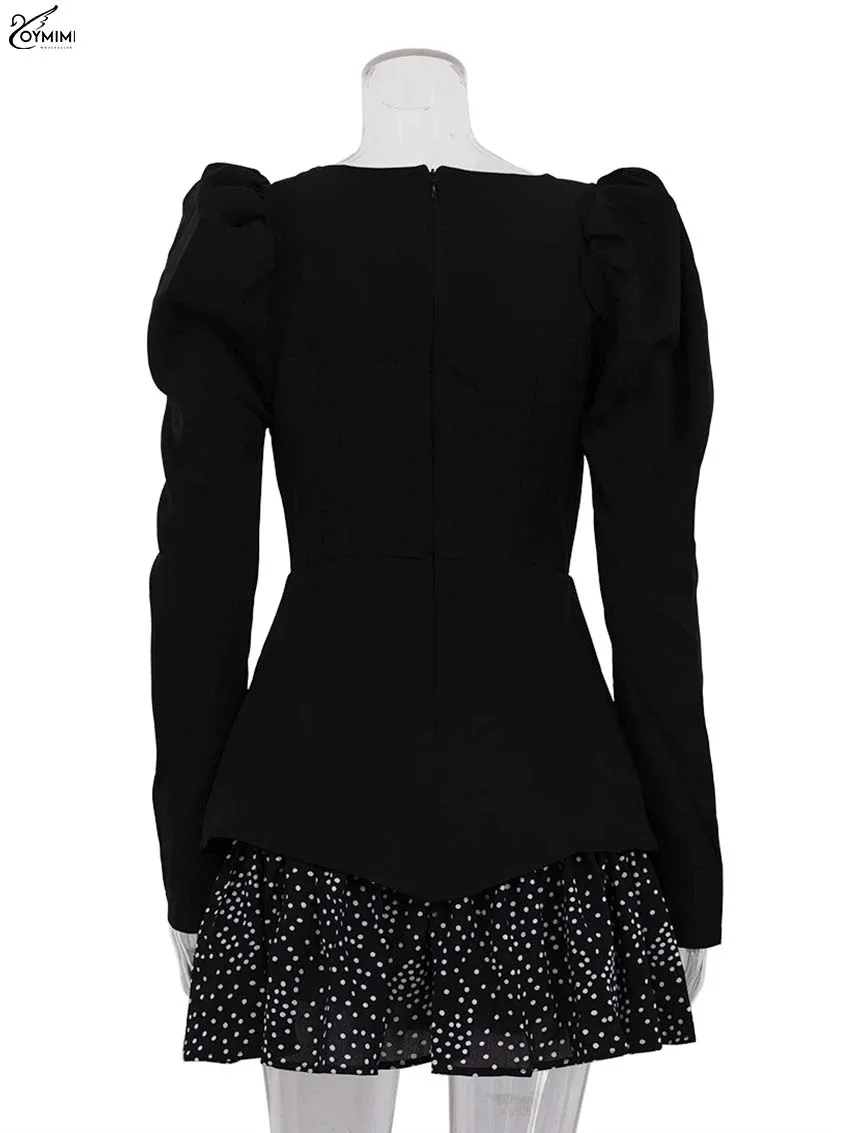 Oymimi Fashion Black Patchwork Dresses For Women Casual Long Sleeve Square Neck Dresses Elegant Ruffled Mini Dress Streetwear