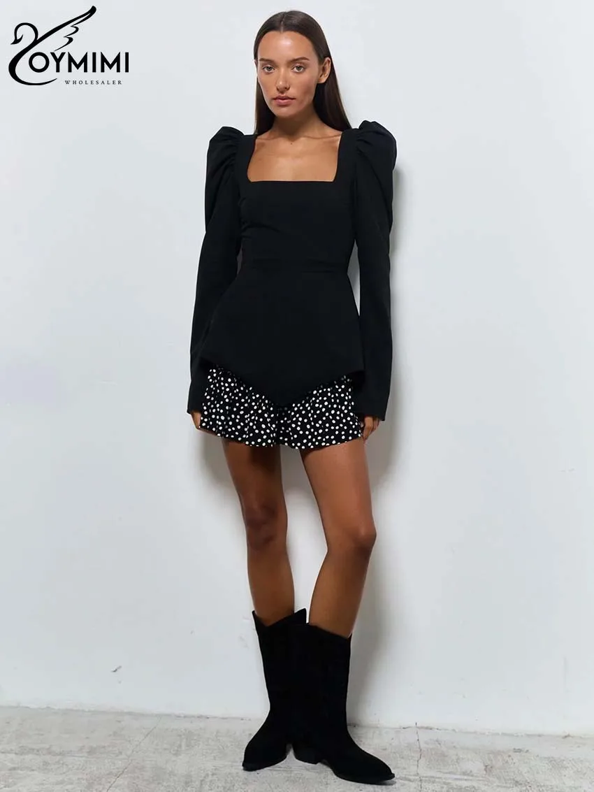 Oymimi Fashion Black Patchwork Dresses For Women Casual Long Sleeve Square Neck Dresses Elegant Ruffled Mini Dress Streetwear