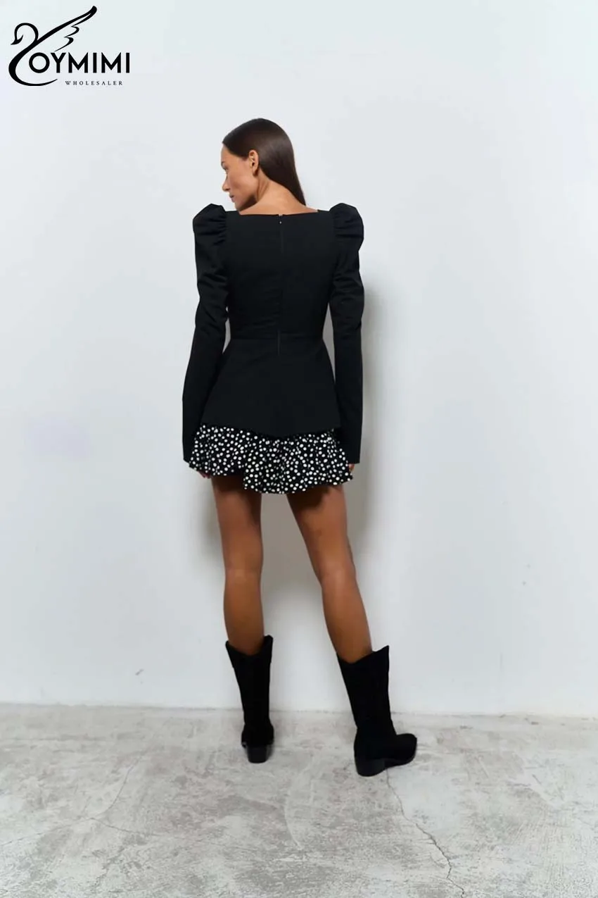 Oymimi Fashion Black Patchwork Dresses For Women Casual Long Sleeve Square Neck Dresses Elegant Ruffled Mini Dress Streetwear
