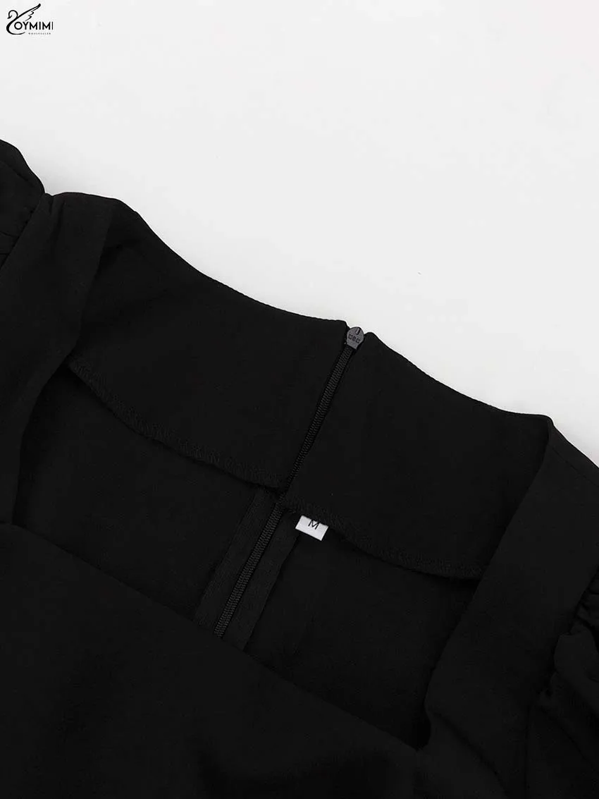 Oymimi Fashion Black Patchwork Dresses For Women Casual Long Sleeve Square Neck Dresses Elegant Ruffled Mini Dress Streetwear