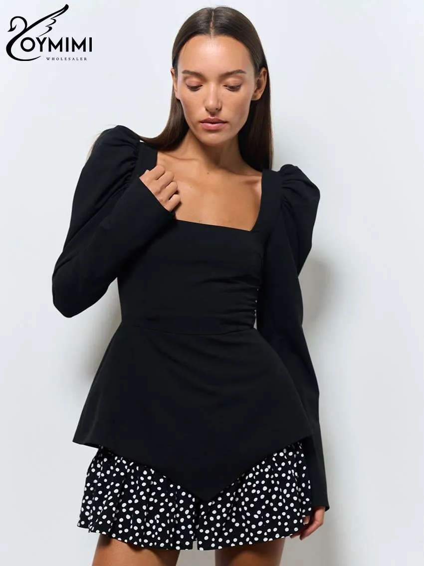 Oymimi Fashion Black Patchwork Dresses For Women Casual Long Sleeve Square Neck Dresses Elegant Ruffled Mini Dress Streetwear