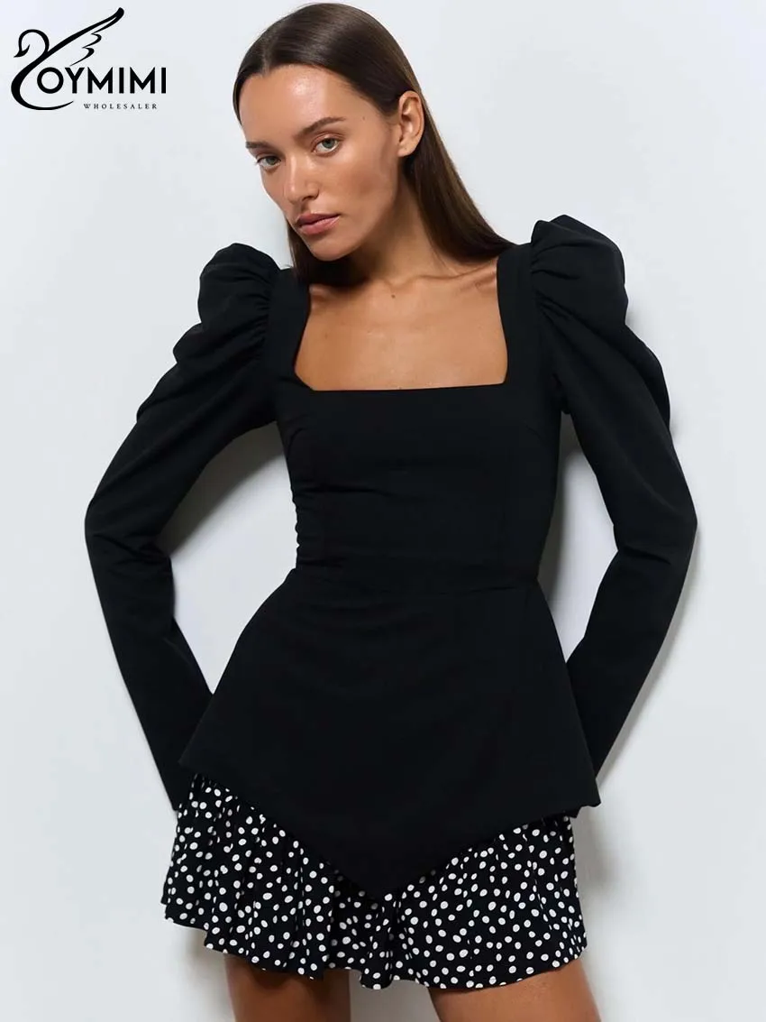 Oymimi Fashion Black Patchwork Dresses For Women Casual Long Sleeve Square Neck Dresses Elegant Ruffled Mini Dress Streetwear