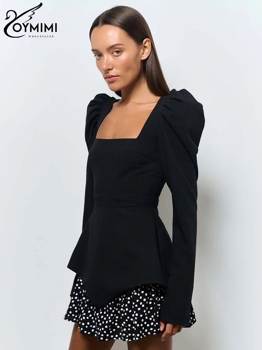 Oymimi Fashion Black Patchwork Dresses For Women Casual Long Sleeve Square Neck Dresses Elegant Ruffled Mini Dress Streetwear