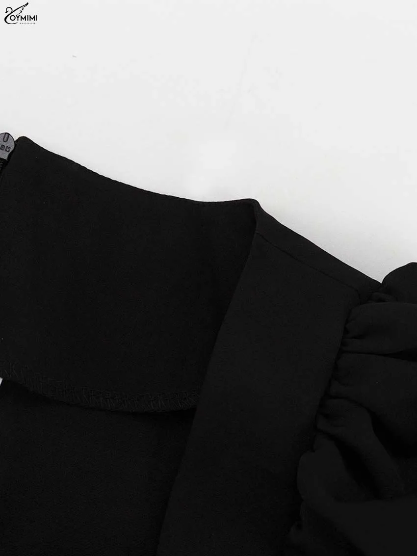 Oymimi Fashion Black Patchwork Dresses For Women Casual Long Sleeve Square Neck Dresses Elegant Ruffled Mini Dress Streetwear