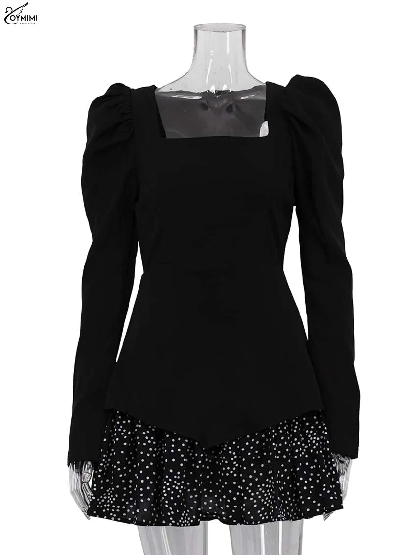 Oymimi Fashion Black Patchwork Dresses For Women Casual Long Sleeve Square Neck Dresses Elegant Ruffled Mini Dress Streetwear