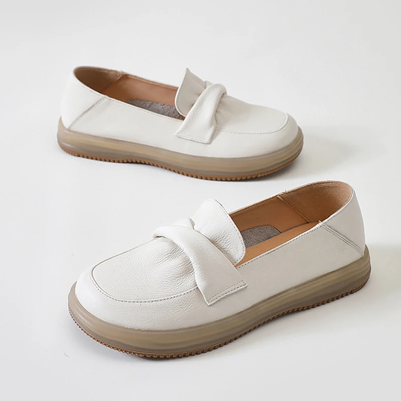 CareaymadeCowhide Women Loafers Shoes Spring Genuine Leather Low Platform Flat Shoes Casual Slip on Loafers Moccasin Women Flats