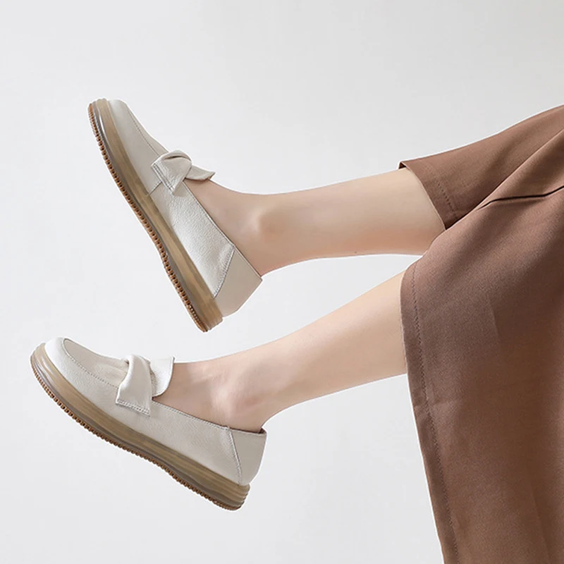 CareaymadeCowhide Women Loafers Shoes Spring Genuine Leather Low Platform Flat Shoes Casual Slip on Loafers Moccasin Women Flats