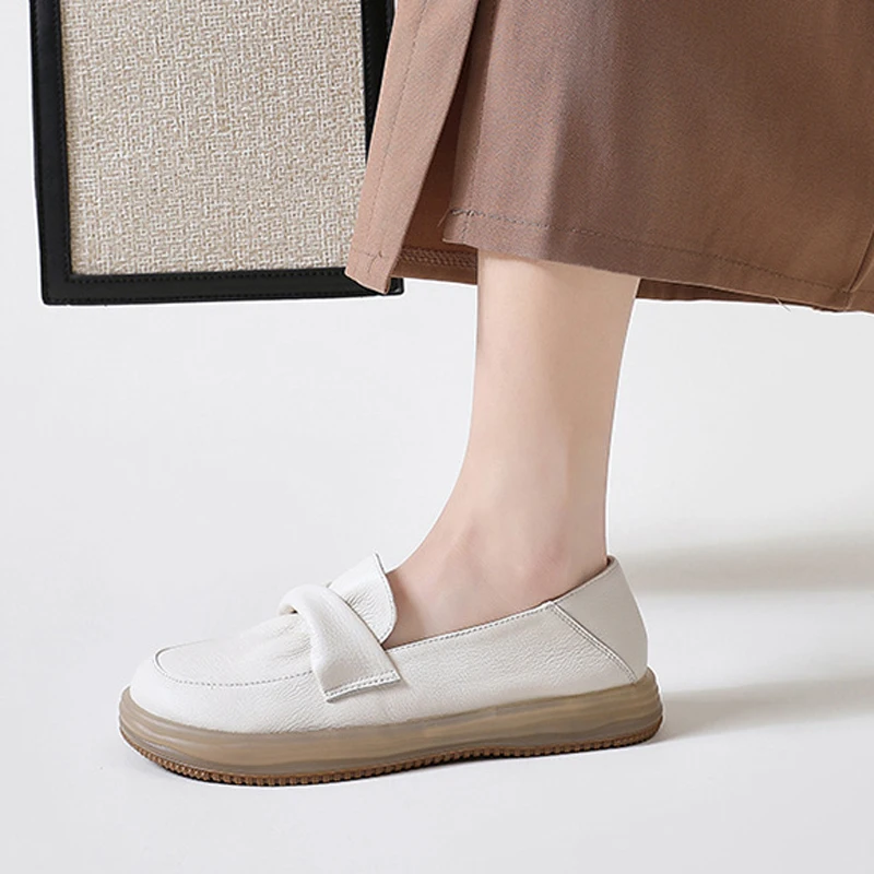 CareaymadeCowhide Women Loafers Shoes Spring Genuine Leather Low Platform Flat Shoes Casual Slip on Loafers Moccasin Women Flats