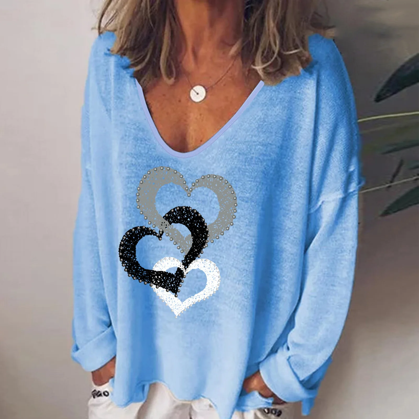 Spring Autumn Fashion Love Print Long Sleeve Loose Top Women V Neck Pullover Irregular Hem Lady T Shirt Blouse 2023 Casual Tops