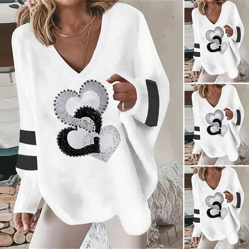 Spring Autumn Fashion Love Print Long Sleeve Loose Top Women V Neck Pullover Irregular Hem Lady T Shirt Blouse 2023 Casual Tops