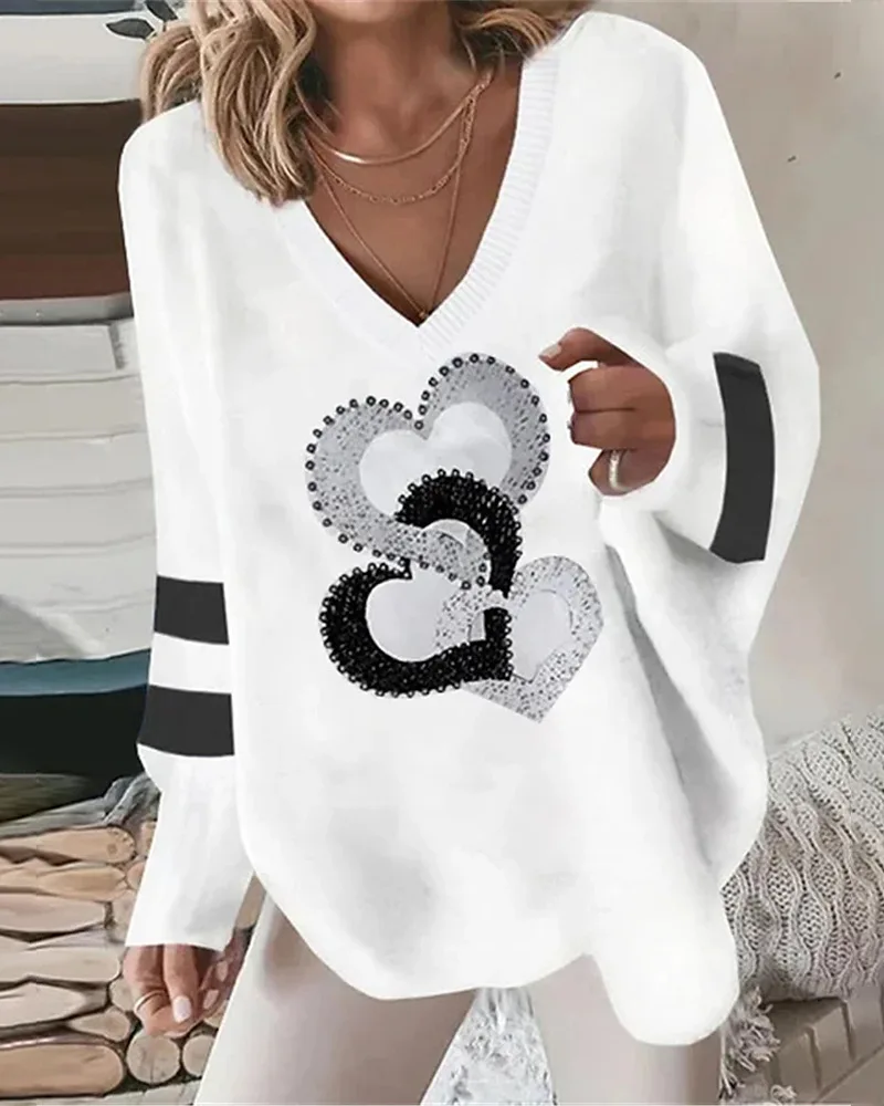 Spring Autumn Fashion Love Print Long Sleeve Loose Top Women V Neck Pullover Irregular Hem Lady T Shirt Blouse 2023 Casual Tops