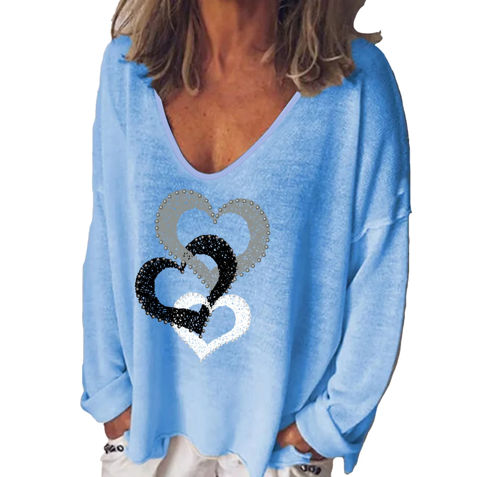 Spring Autumn Fashion Love Print Long Sleeve Loose Top Women V Neck Pullover Irregular Hem Lady T Shirt Blouse 2023 Casual Tops