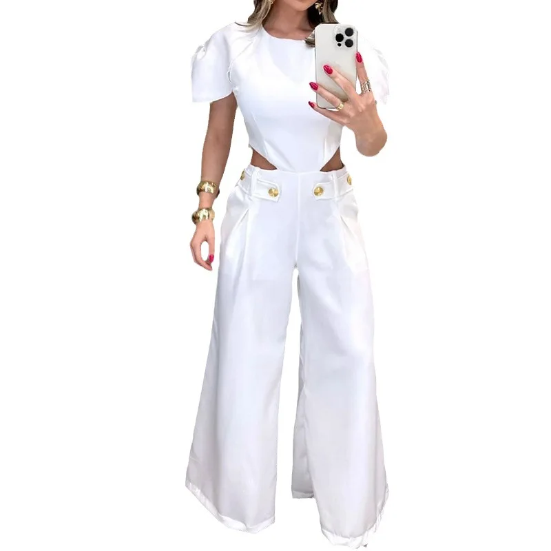 Sexy Hollow Out Ladies Jumpsuit Women's Clothing Summer New Fashion White Round Neck Casual Loose High Waist Wide Leg Jumpsuits