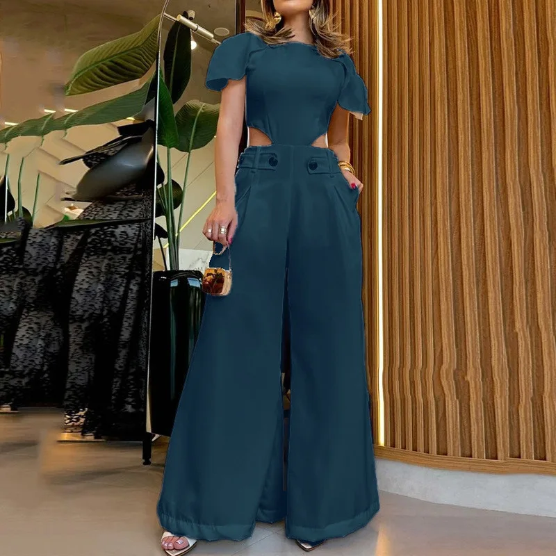 Sexy Hollow Out Ladies Jumpsuit Women's Clothing Summer New Fashion White Round Neck Casual Loose High Waist Wide Leg Jumpsuits