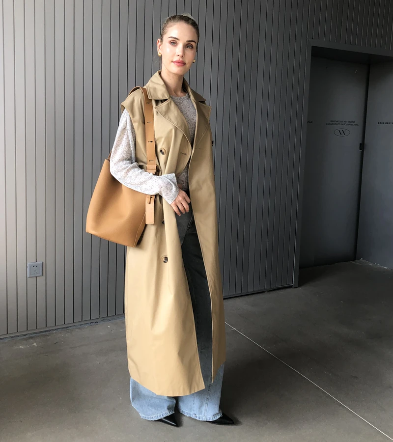 2025 Women Fashion Fall / Autumn 2 piece long trench coat Female outerwear blue Khaki