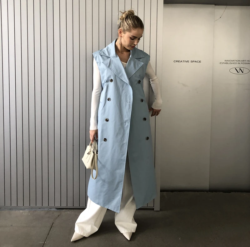 2025 Women Fashion Fall / Autumn 2 piece long trench coat Female outerwear blue Khaki