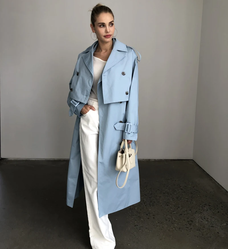 2025 Women Fashion Fall / Autumn 2 piece long trench coat Female outerwear blue Khaki