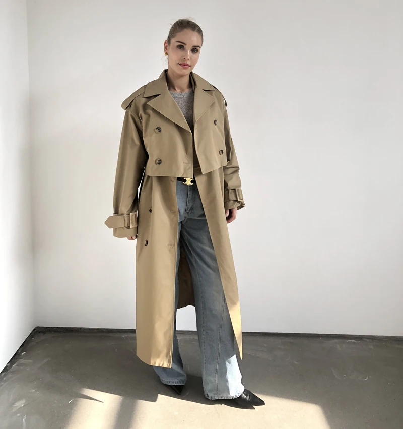 2025 Women Fashion Fall / Autumn 2 piece long trench coat Female outerwear blue Khaki