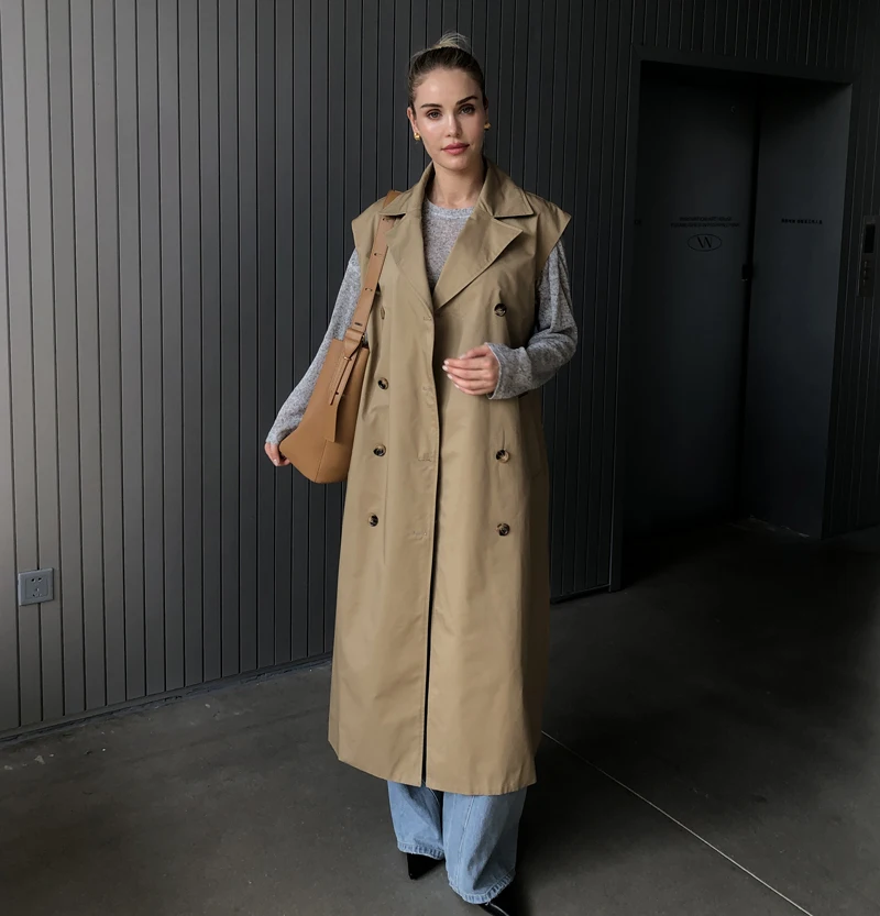 2025 Women Fashion Fall / Autumn 2 piece long trench coat Female outerwear blue Khaki
