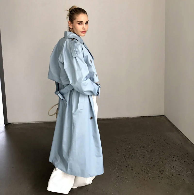 2025 Women Fashion Fall / Autumn 2 piece long trench coat Female outerwear blue Khaki