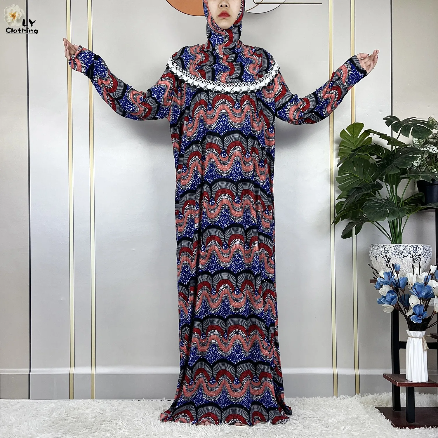 Muslim Ramadan Prayer For Women Long Sleeved Floral 2023Dubai Turkey Middle East Femme Loose Robe African Abayas Headscarf Dress