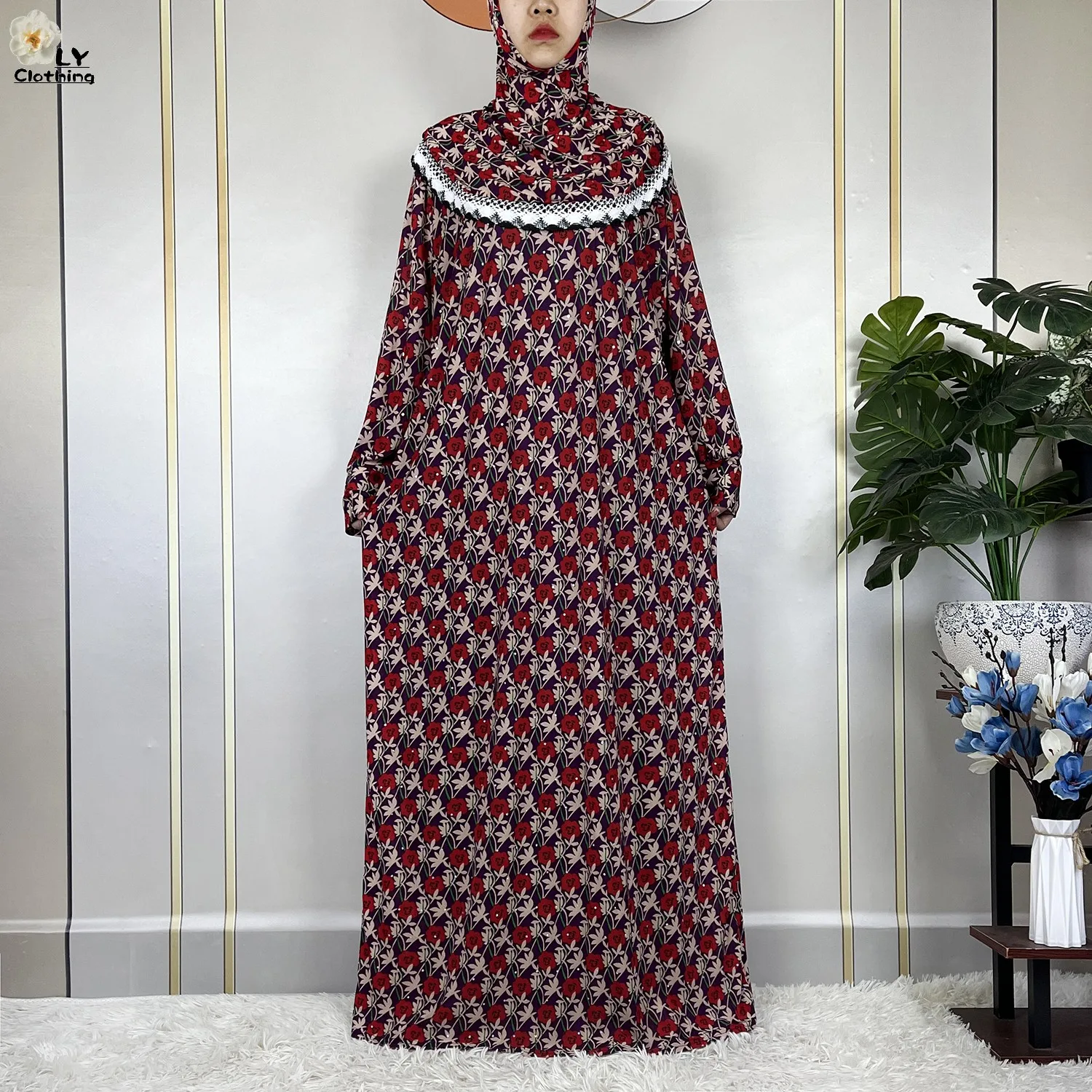 Muslim Ramadan Prayer For Women Long Sleeved Floral 2023Dubai Turkey Middle East Femme Loose Robe African Abayas Headscarf Dress