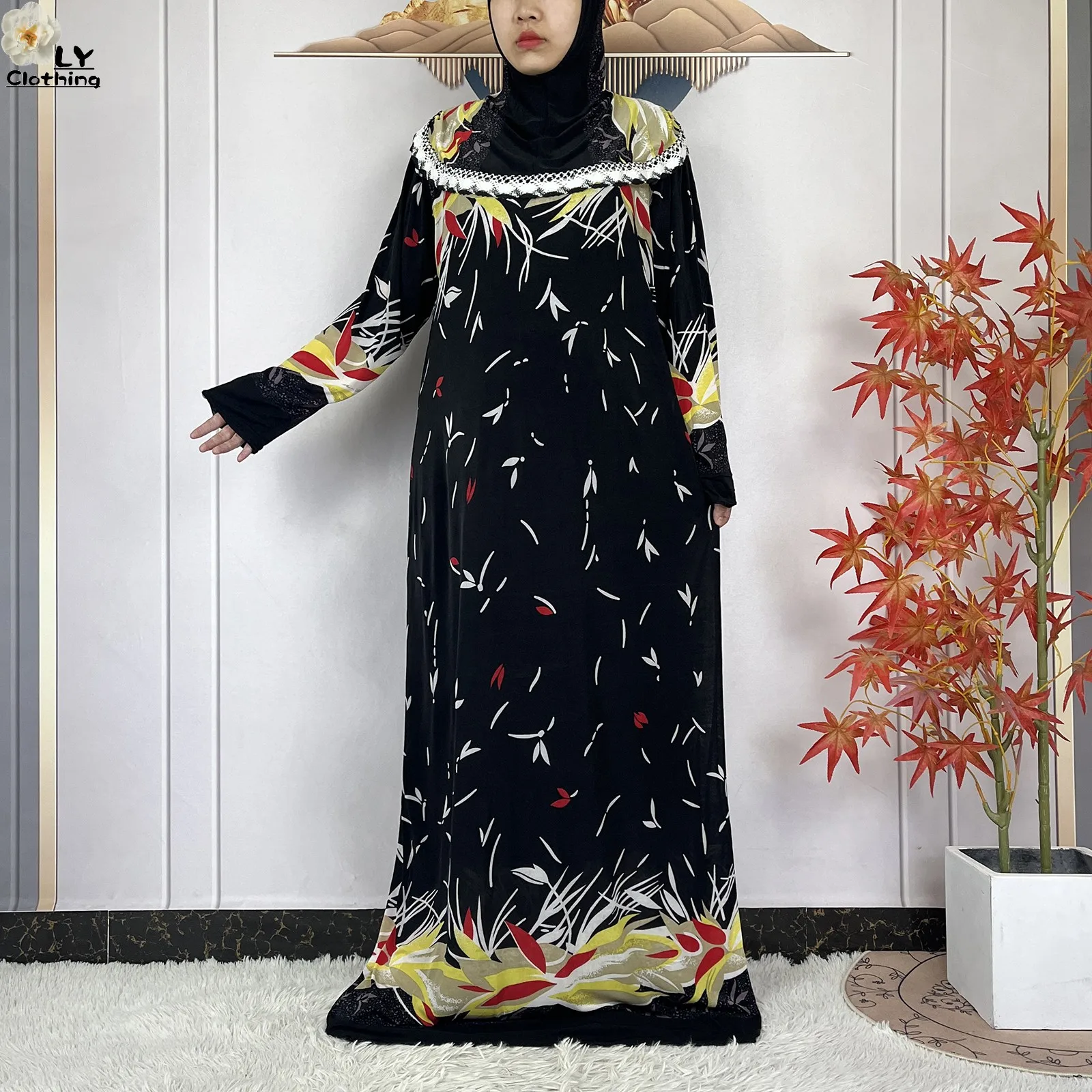 Muslim Ramadan Prayer For Women Long Sleeved Floral 2023Dubai Turkey Middle East Femme Loose Robe African Abayas Headscarf Dress
