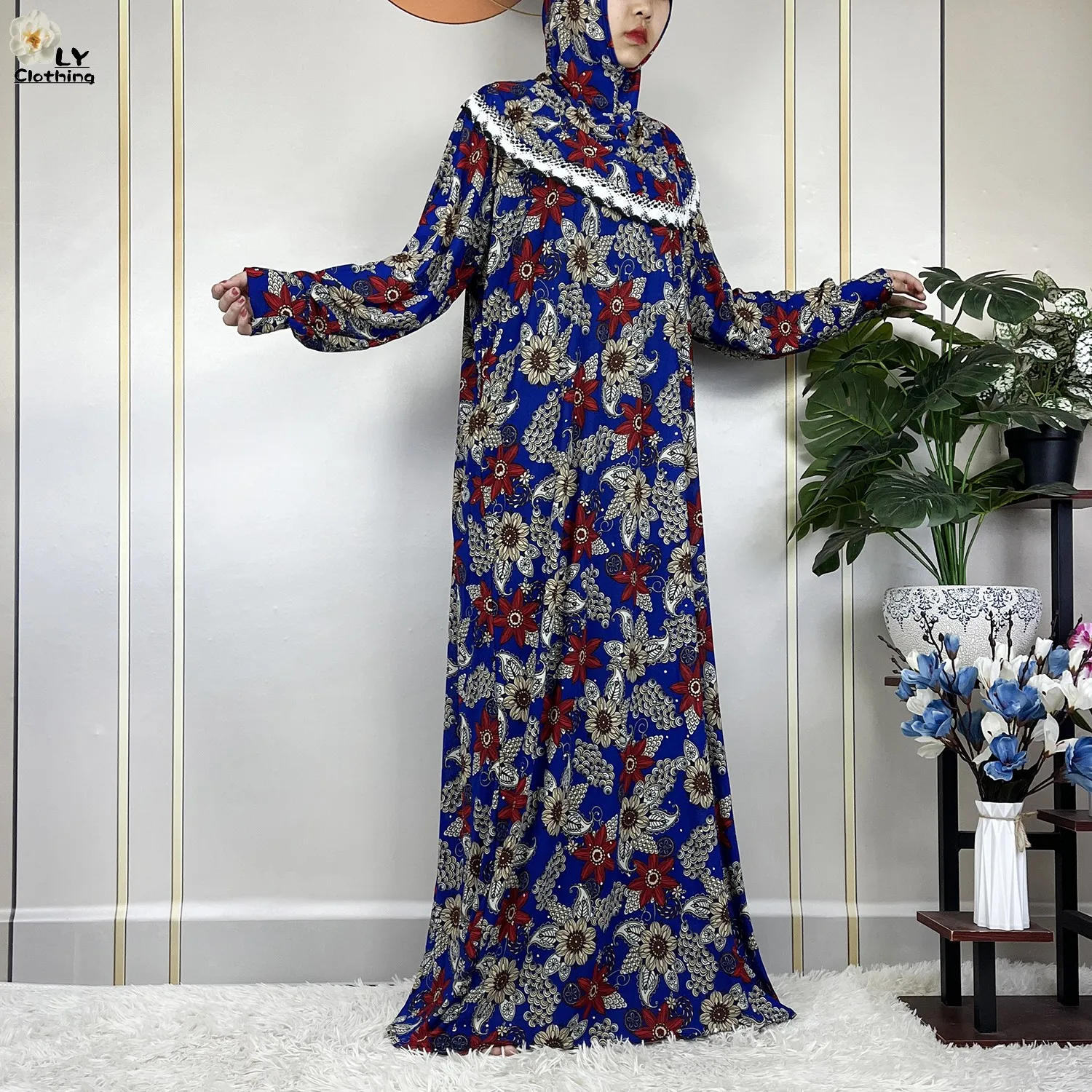 Muslim Ramadan Prayer For Women Long Sleeved Floral 2023Dubai Turkey Middle East Femme Loose Robe African Abayas Headscarf Dress