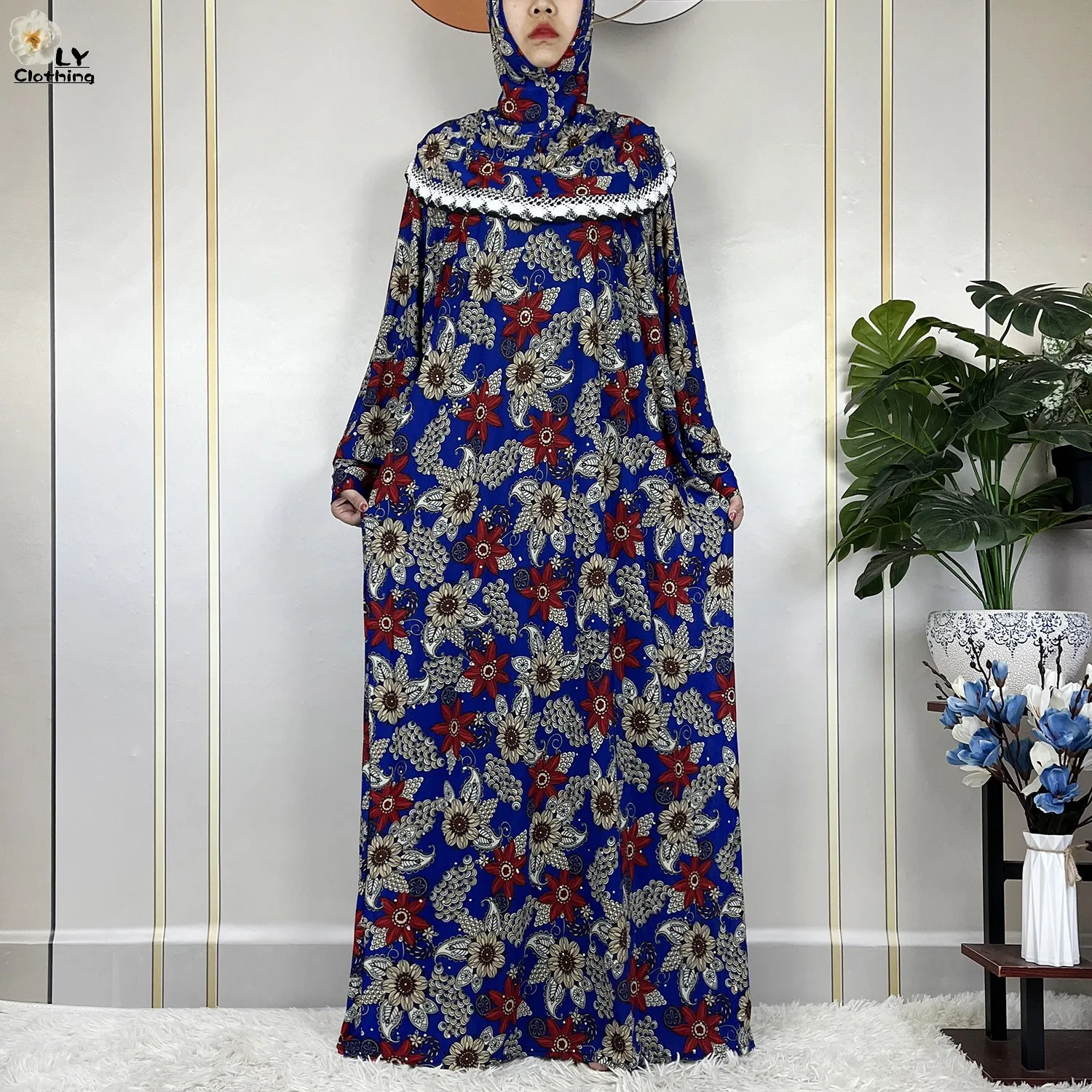 Muslim Ramadan Prayer For Women Long Sleeved Floral 2023Dubai Turkey Middle East Femme Loose Robe African Abayas Headscarf Dress