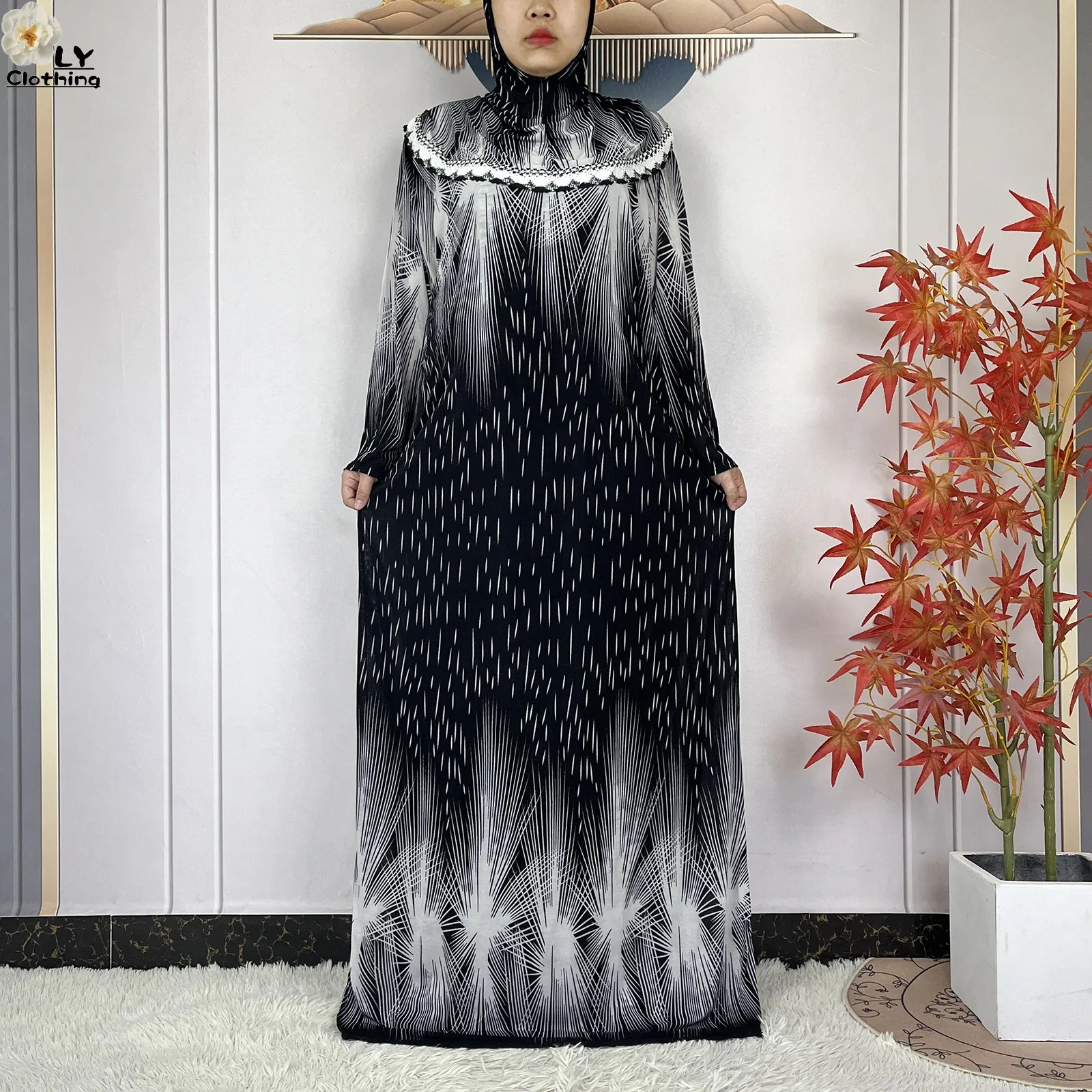 Muslim Ramadan Prayer For Women Long Sleeved Floral 2023Dubai Turkey Middle East Femme Loose Robe African Abayas Headscarf Dress