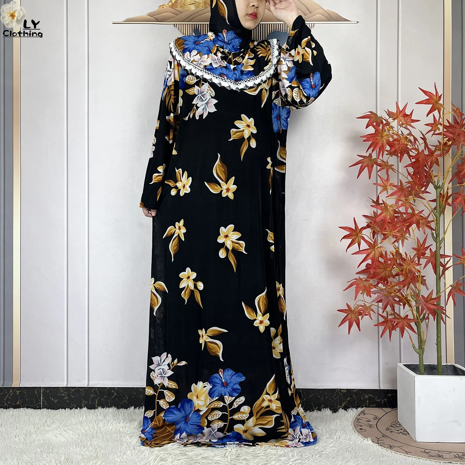 Muslim Ramadan Prayer For Women Long Sleeved Floral 2023Dubai Turkey Middle East Femme Loose Robe African Abayas Headscarf Dress