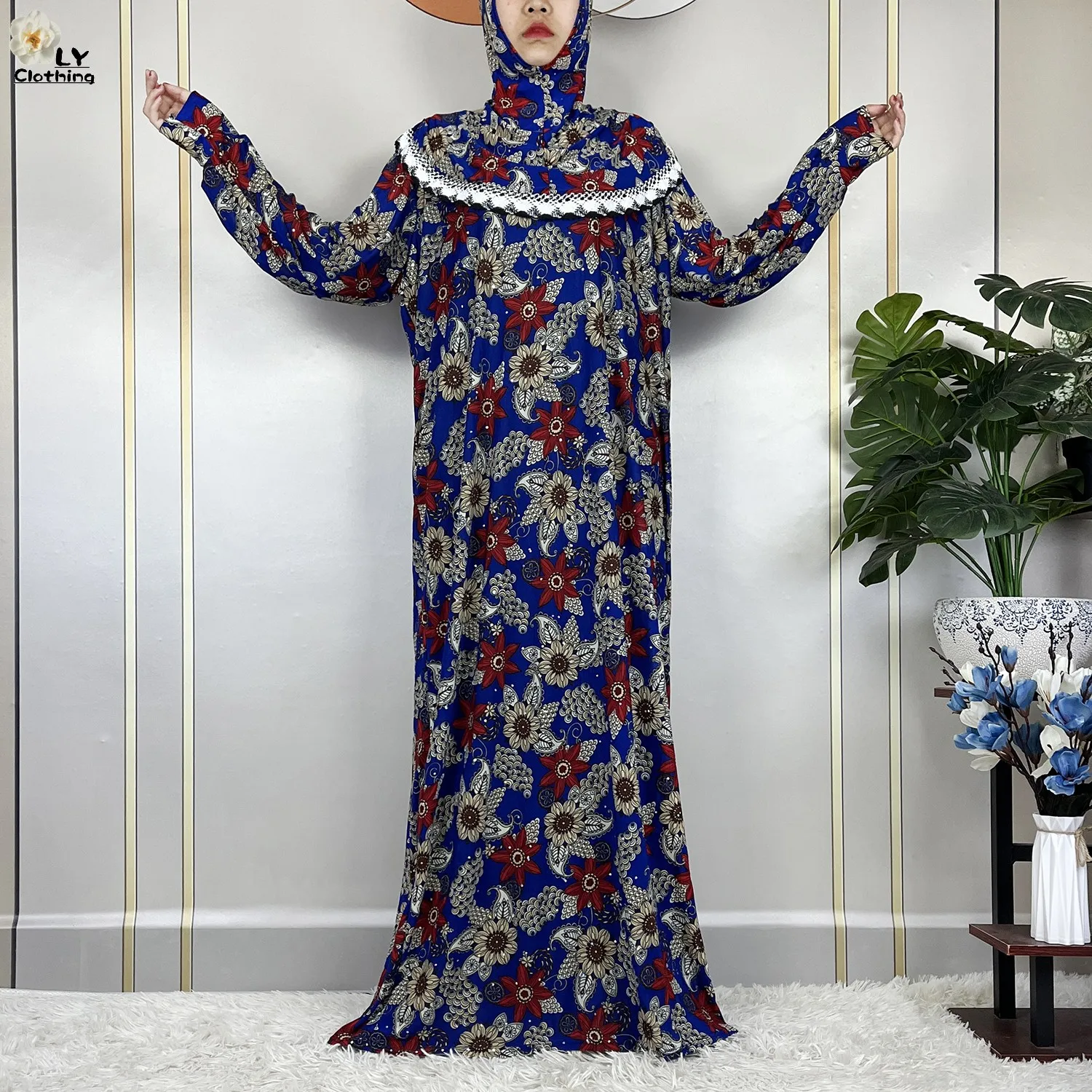 Muslim Ramadan Prayer For Women Long Sleeved Floral 2023Dubai Turkey Middle East Femme Loose Robe African Abayas Headscarf Dress
