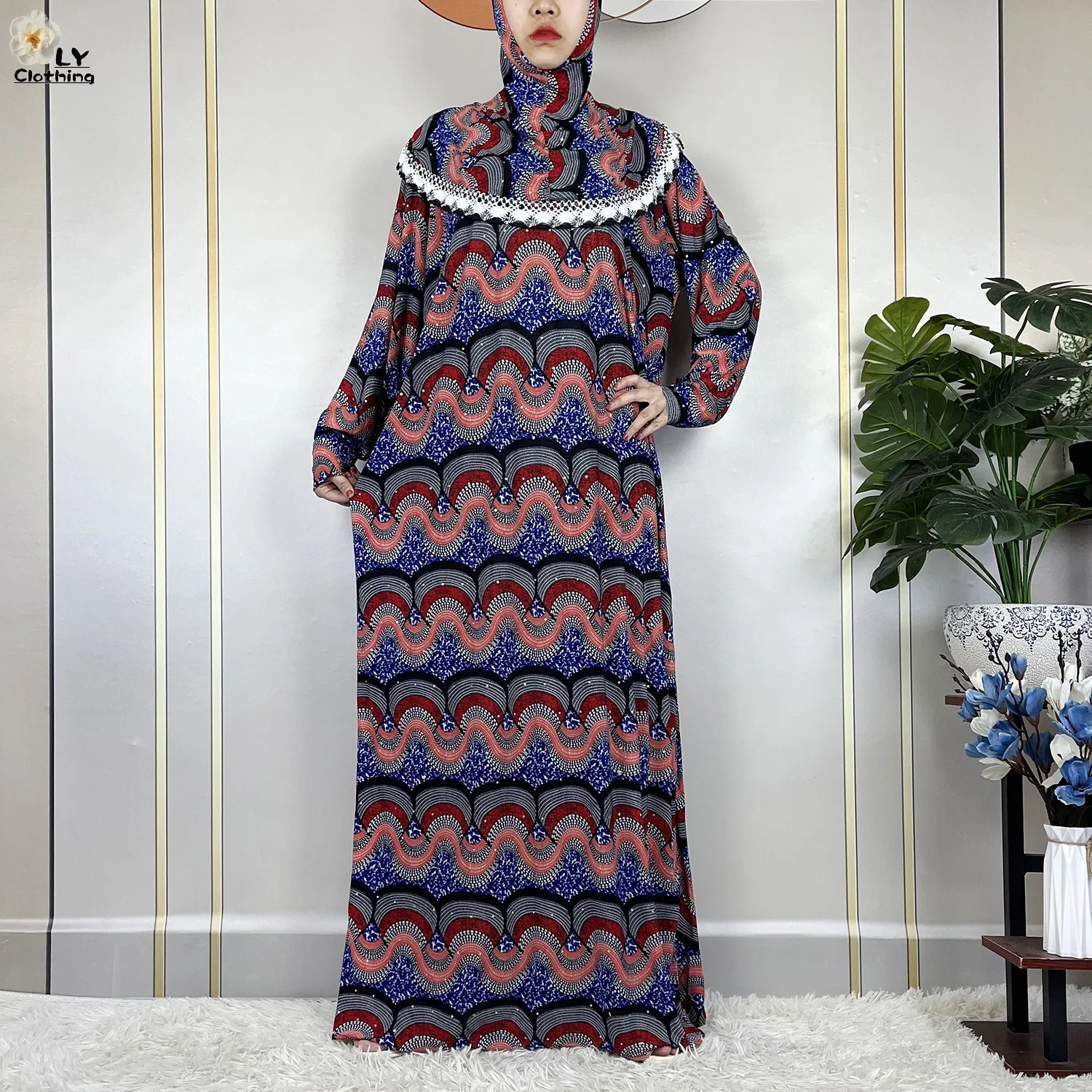 Muslim Ramadan Prayer For Women Long Sleeved Floral 2023Dubai Turkey Middle East Femme Loose Robe African Abayas Headscarf Dress