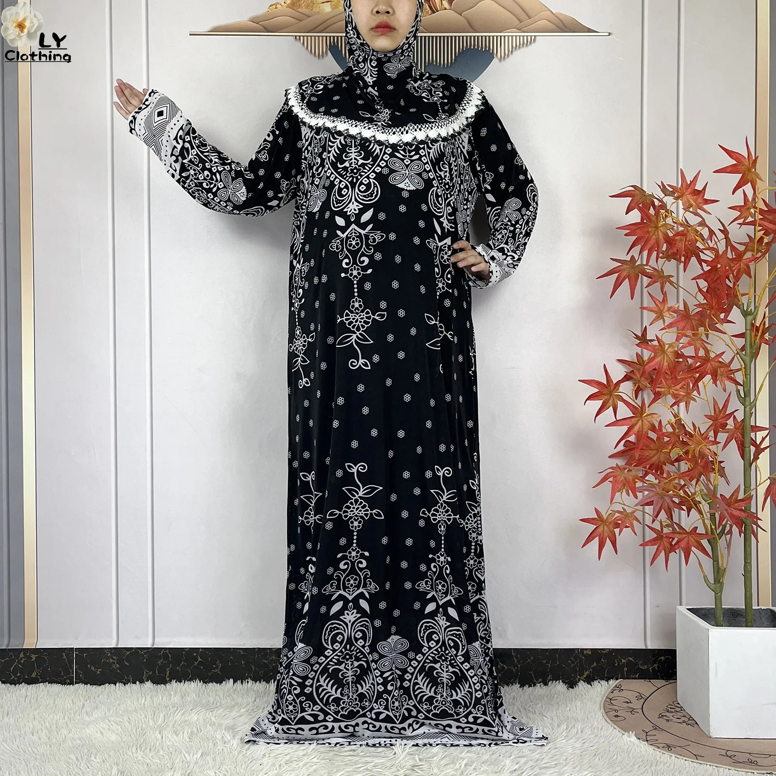 Muslim Ramadan Prayer For Women Long Sleeved Floral 2023Dubai Turkey Middle East Femme Loose Robe African Abayas Headscarf Dress