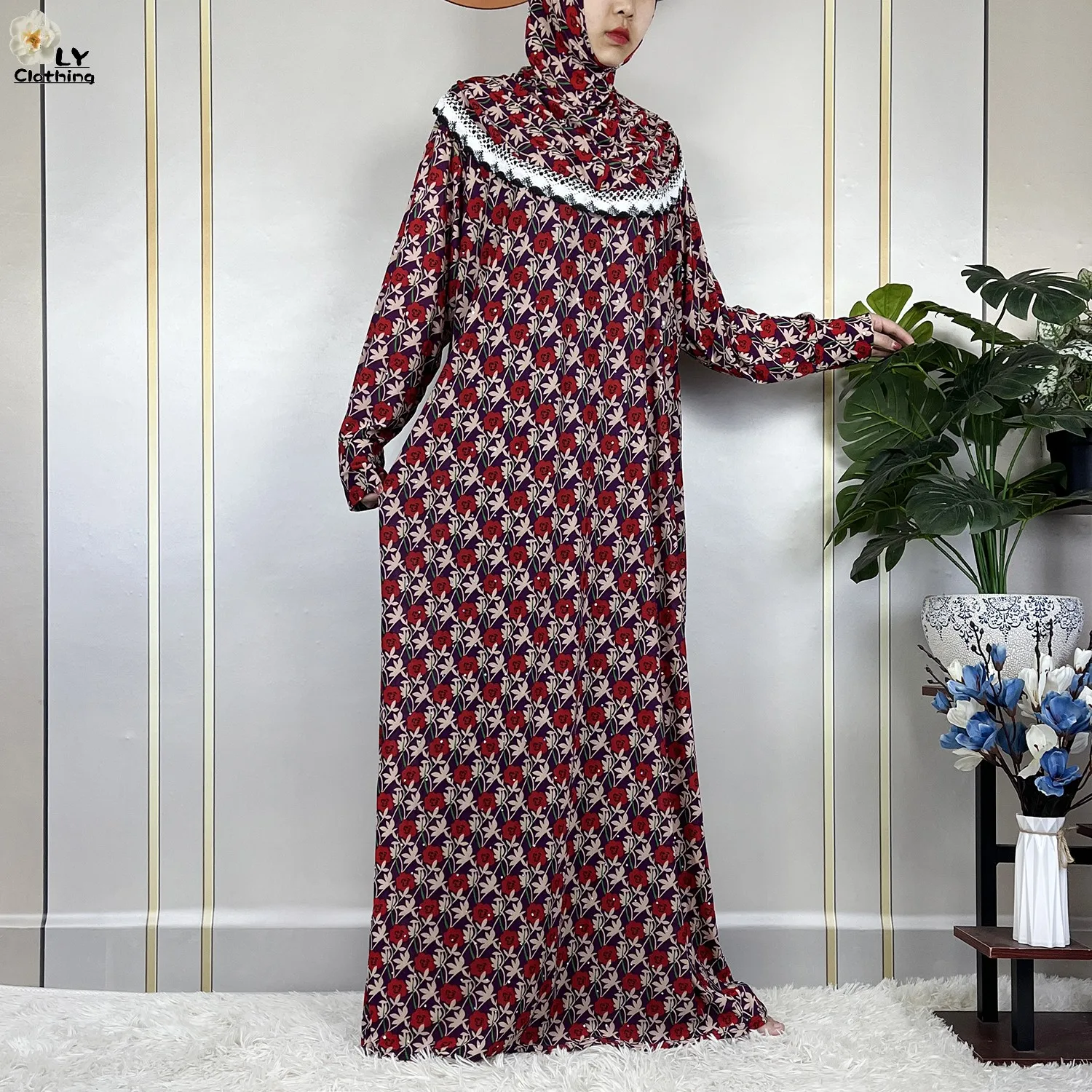 Muslim Ramadan Prayer For Women Long Sleeved Floral 2023Dubai Turkey Middle East Femme Loose Robe African Abayas Headscarf Dress