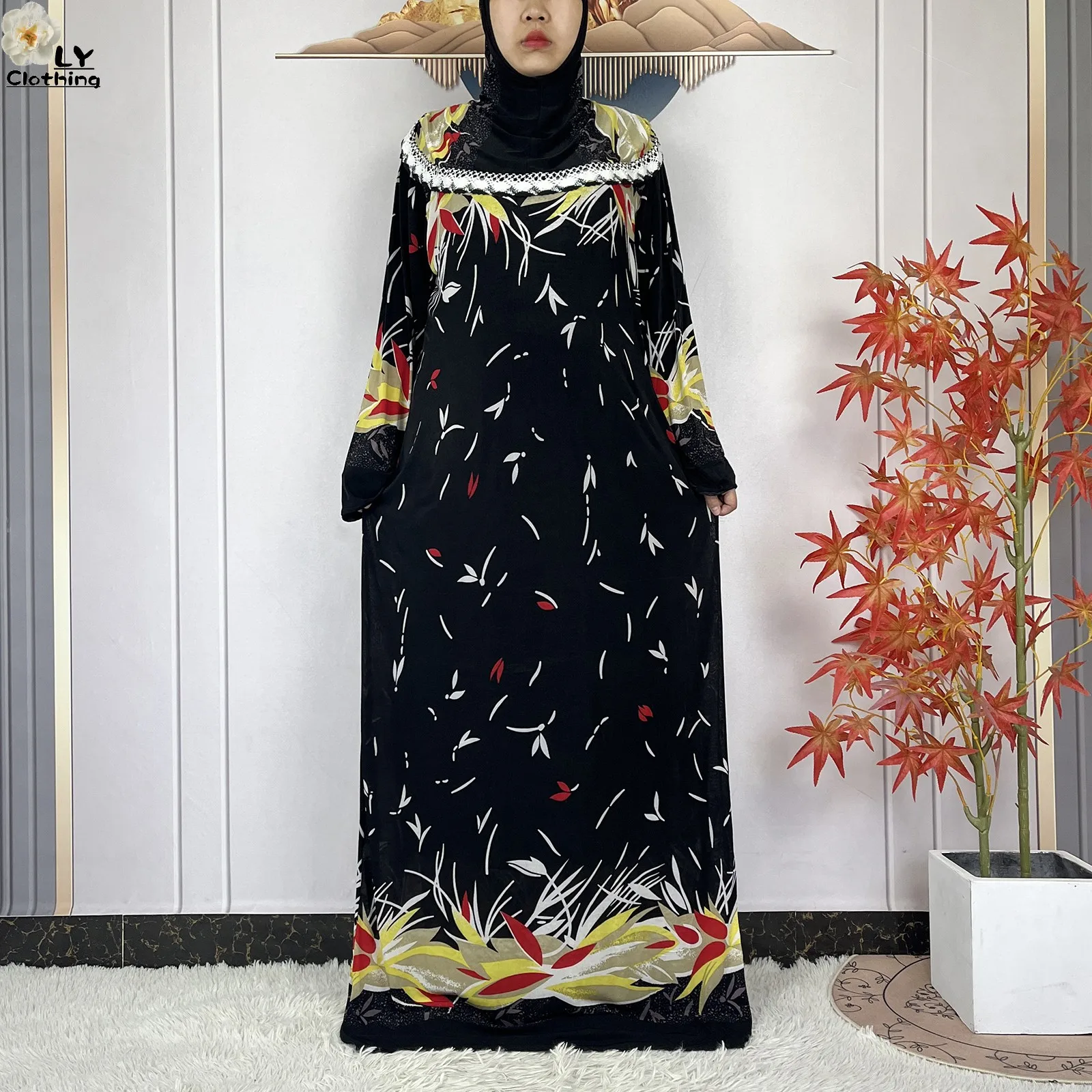 Muslim Ramadan Prayer For Women Long Sleeved Floral 2023Dubai Turkey Middle East Femme Loose Robe African Abayas Headscarf Dress